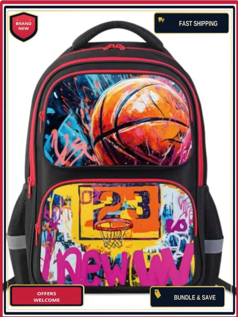 Boys Basketball Backpack Set with Lunch Bag, Water Resistant Oxford Polyester,